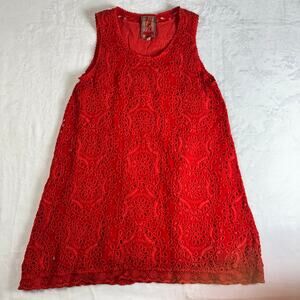 Johnny Was Red Orange Eyelet Lace Shift Dress Small Sleeveless Boho Floral